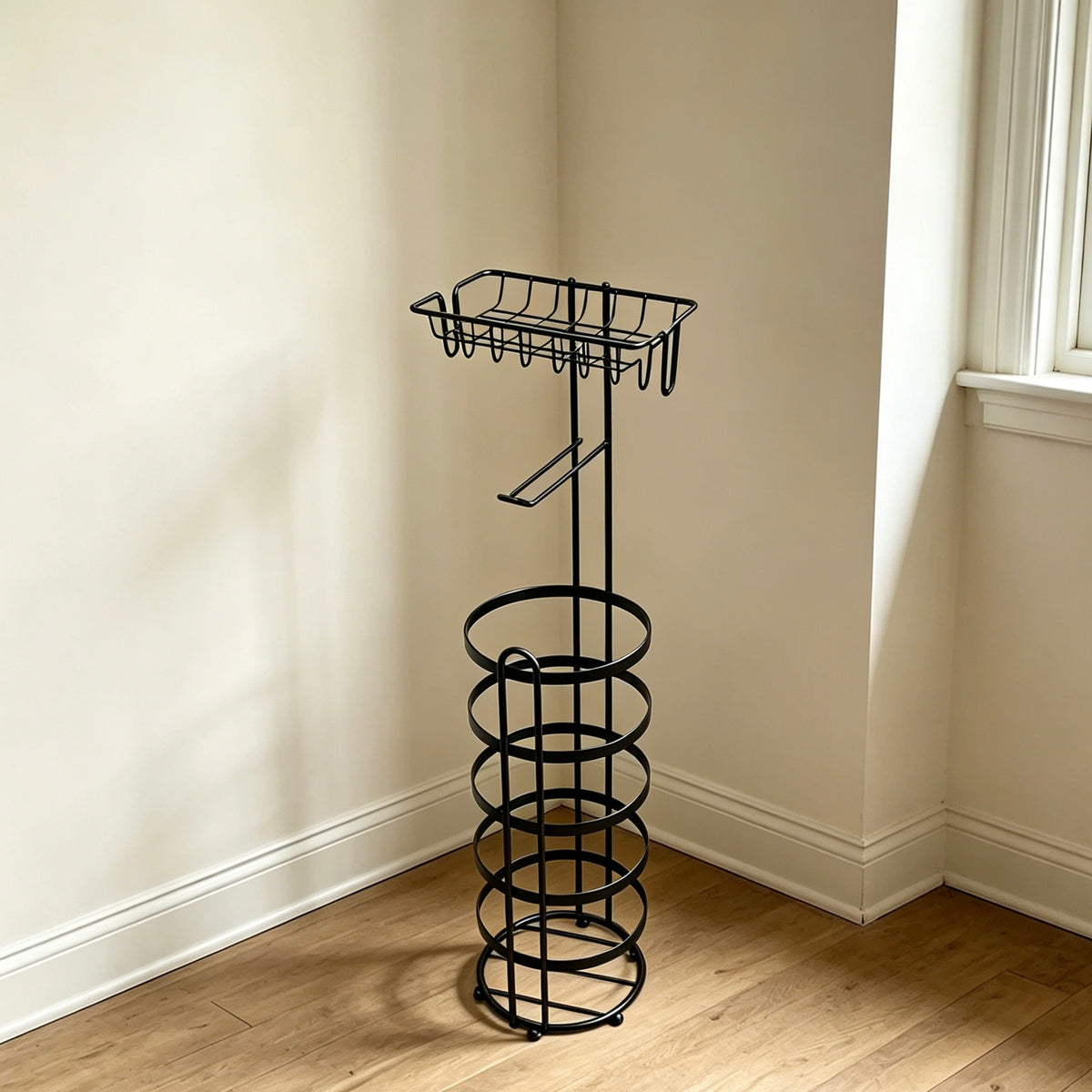 Freestanding Toilet Paper Holder, Bathroom Tissue Storage Rack with Top Storage Basket, Height 64cm