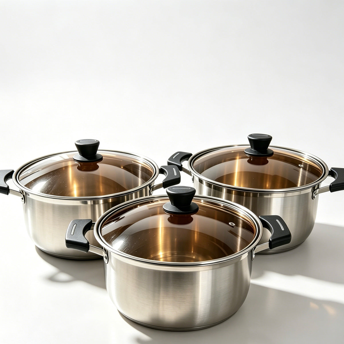 Composite Steel Ultra-High Stainless Steel Pot Set 3pcs, 24/26/28cm, Glass Lid Stock Pot Cookware Set