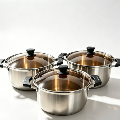 Composite Steel Ultra-High Stainless Steel Pot Set 3pcs, 24/26/28cm, Glass Lid Stock Pot Cookware Set