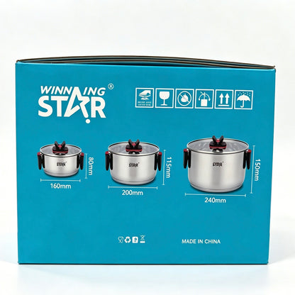 Winning Star 6-Piece High Quality Stainless Steel Cookware Set with Foldable Handle & Glass Lids, 1.4L / 3.4L / 6.5L Stock Pots