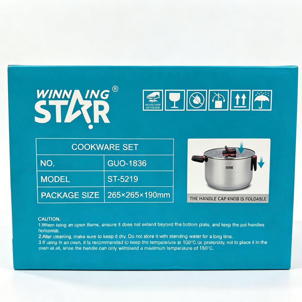 Winning Star 6-Piece High Quality Stainless Steel Cookware Set with Foldable Handle & Glass Lids, 1.4L / 3.4L / 6.5L Stock Pots
