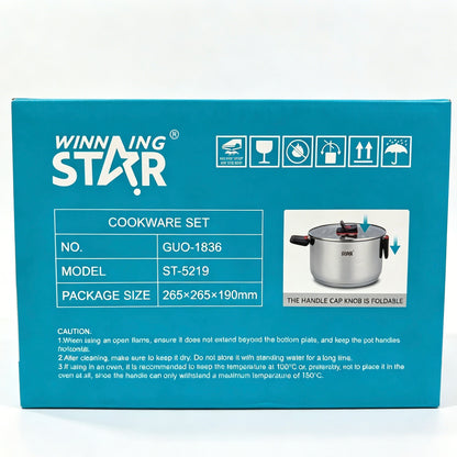 Winning Star 6-Piece High Quality Stainless Steel Cookware Set with Foldable Handle & Glass Lids, 1.4L / 3.4L / 6.5L Stock Pots