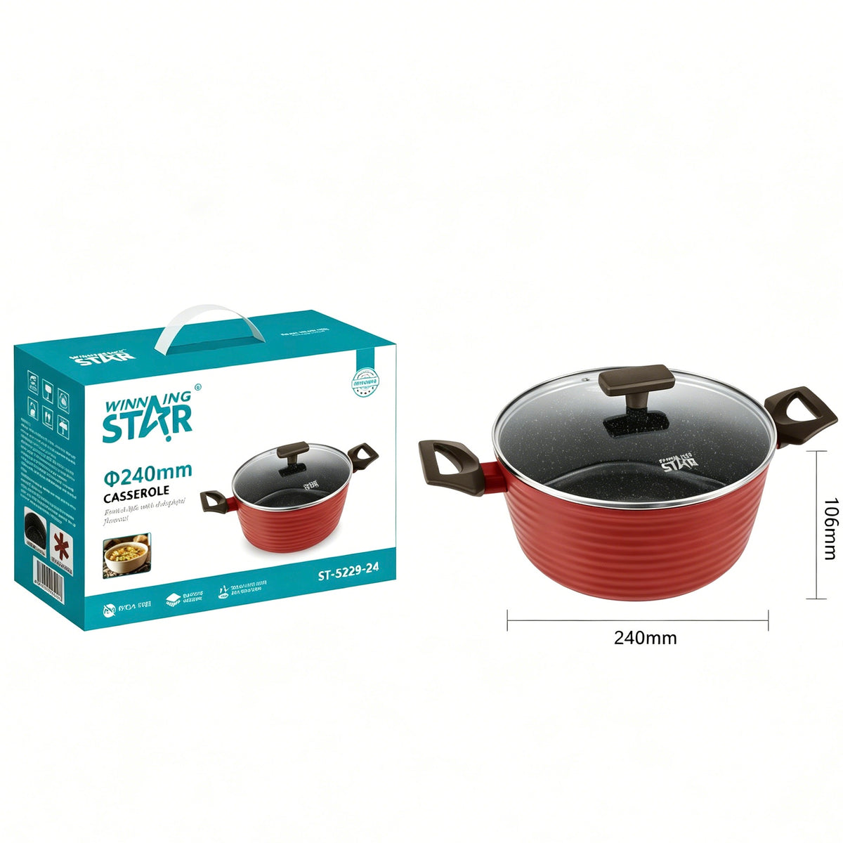 240mm Non-stick Casserole Pot With Glass Lid, PFOA Free Soup Stew Pot, Heat Resistant Double Handles, Suitable For All Stovetops