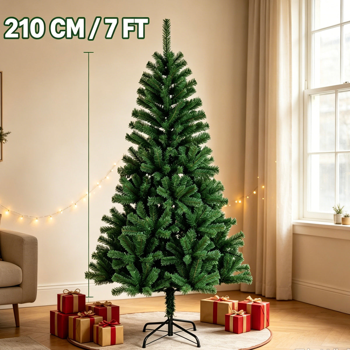 7FT / 210cm Artificial Christmas Tree, Full Green Pine Tree with Metal Stand, No Decorations Included
