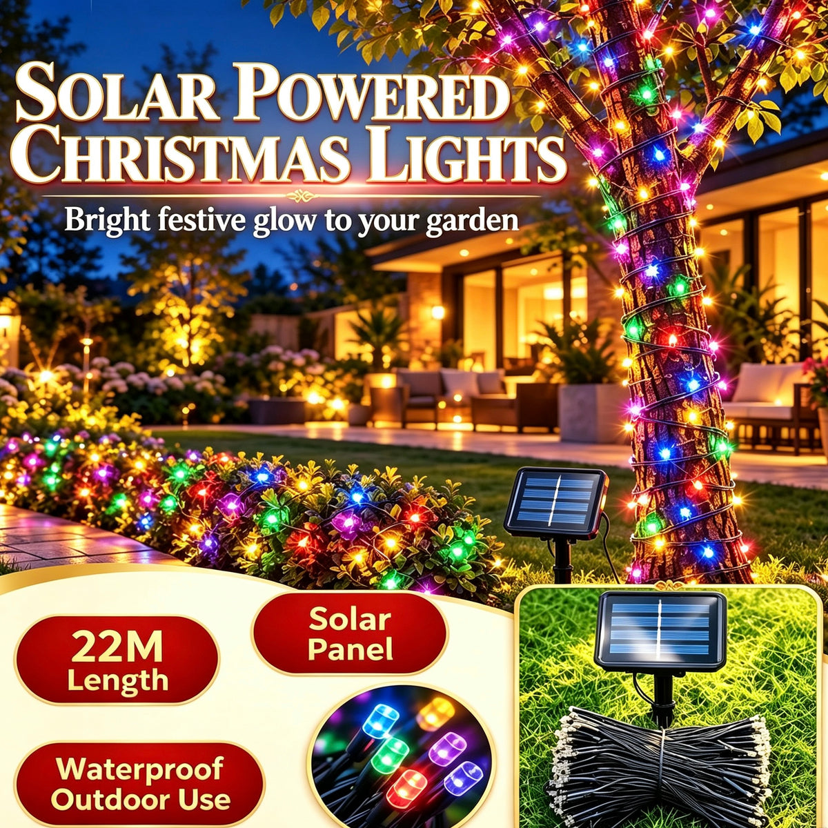 High‑Brightness LED Solar‑Powered String Lights, 22M for Garden & Christmas Decoration