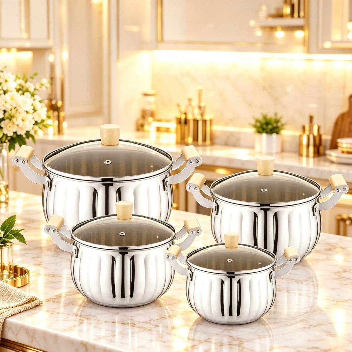 4-Piece Pumpkin Stainless Steel Pot Set with Glass Lids, Total 8Pcs (4 Pots + 4 Lids)