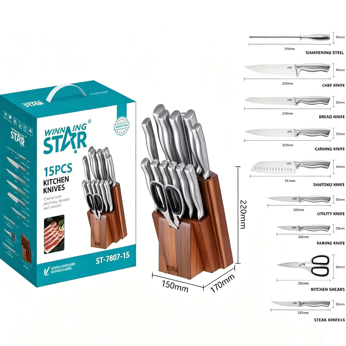 Winning Star 15PCS Kitchen Knife Set with Wooden Storage Block, Stainless Steel Knives with Shears & Sharpening Steel