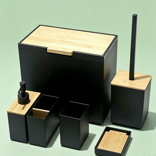 Bamboo Bathroom Accessory 6-Piece Set, Modern Bathroom Counter Organizer