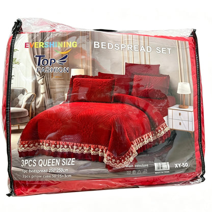 Thick Weight Elegant Lace Ruffle Quilted Bedspread Set, Queen Size 3PCS, Floral Embossed Pattern,  Random Color Delivery ，Not Thin Style XY‑5Q