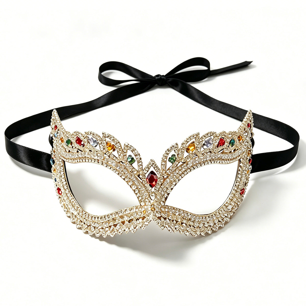 Rhinestone Masquerade Mask, Crystal Venetian Party Mask with Black Satin Ribbon