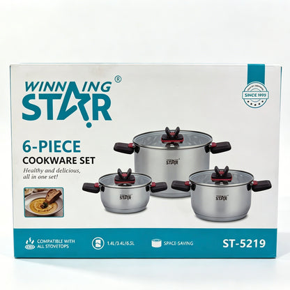 Winning Star 6-Piece High Quality Stainless Steel Cookware Set with Foldable Handle & Glass Lids, 1.4L / 3.4L / 6.5L Stock Pots