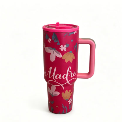 High Aesthetic 1200ML Stainless Steel Tumbler, Rotatable Hidden Soft Silicone Straw, Multi Cute Prints Insulated Travel Mug with Handle