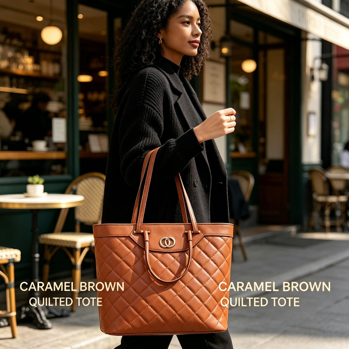 Quilted Faux Leather Women's Tote Bag, Large Capacity Shoulder Handbag, Size 34×30×13CM, Metal Logo Decor Commuter Bag