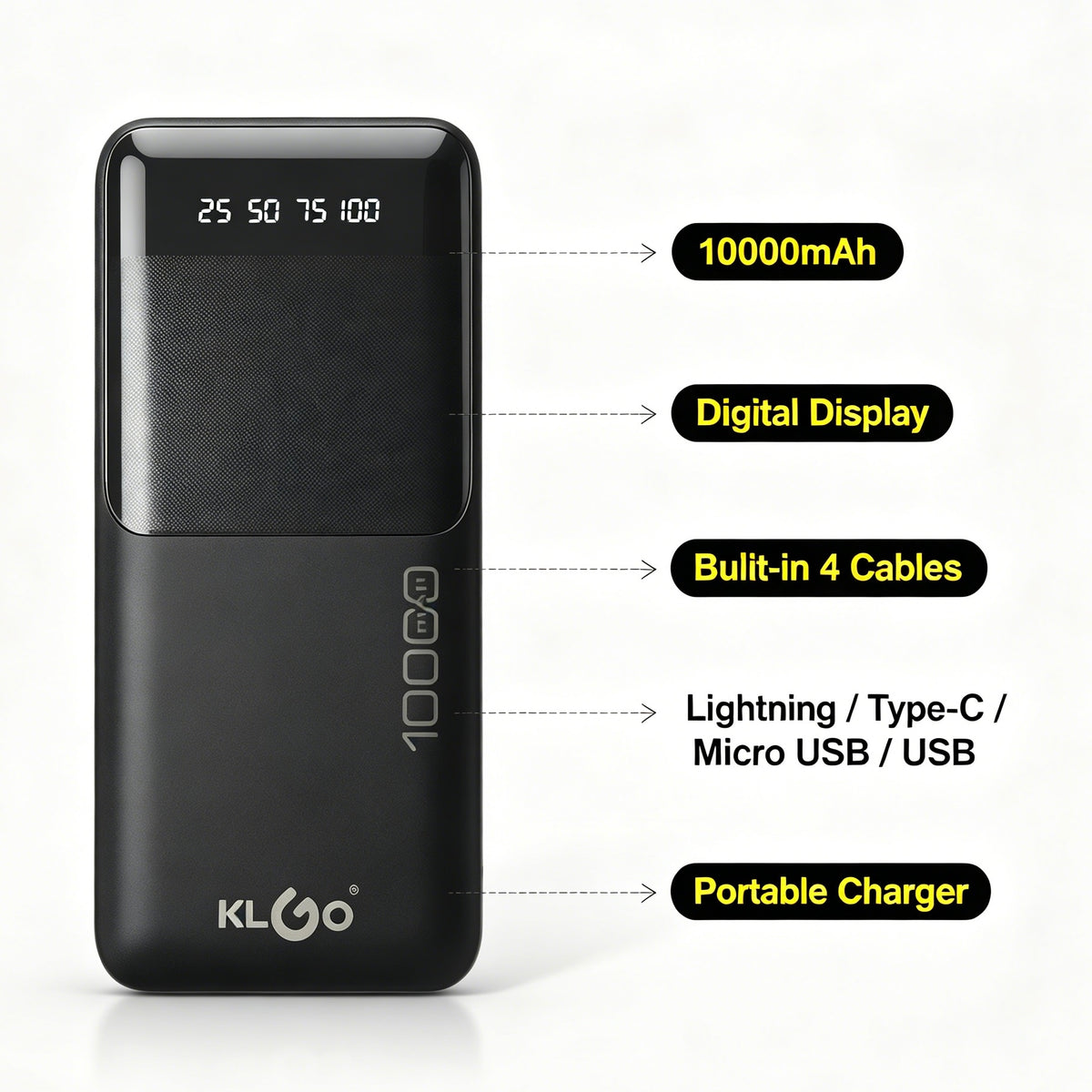 KLGO KP-37 10000mAh Power Bank, Built-in 4 Cables Digital Display Portable Charger for iPhone, Android, Tablets