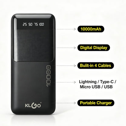KLGO KP-37 10000mAh Power Bank, Built-in 4 Cables Digital Display Portable Charger for iPhone, Android, Tablets