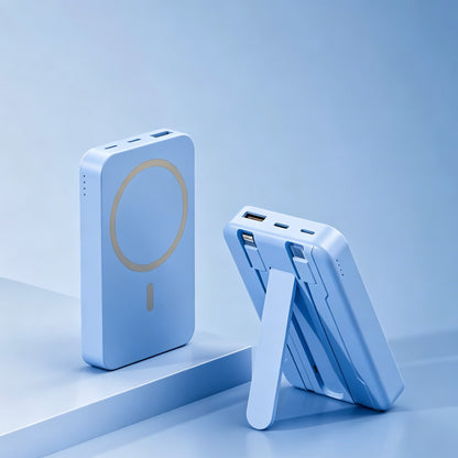 Magnetic Power Bank 10000mAh, Built-in Lightning & Type-C Cables, Wireless Fast Charging Portable Charger with Phone Stand