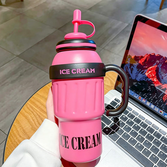 Ice Cream Stainless Steel Tumbler with Handle Straw, Large Capacity Insulated Water Bottle, Keep Hot Cold, Cute Printed Travel Mug for Daily Outdoor