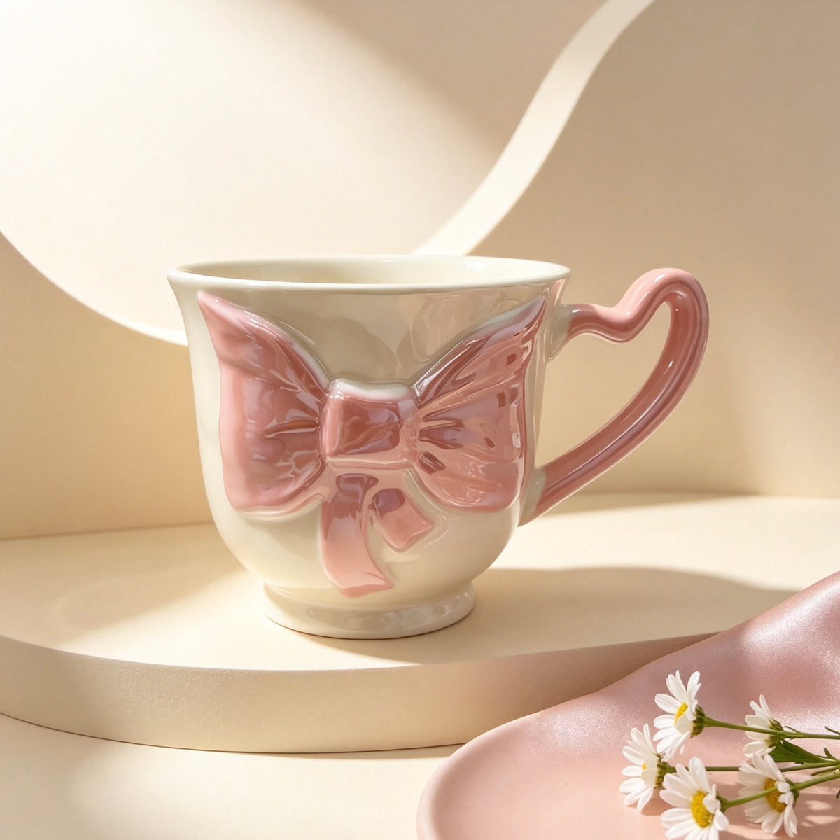 Cute 3D Bow Ceramic Mug, Pearl Glaze Cup with Pink Heart Handle