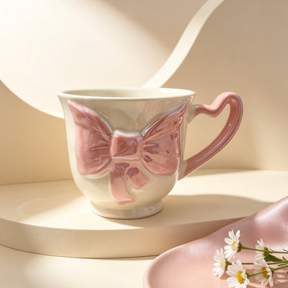 Cute 3D Bow Ceramic Mug, Pearl Glaze Cup with Pink Heart Handle