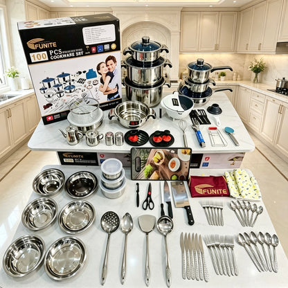Complete 100‑Piece Stainless Steel Kitchen Cookware Set, All‑in‑One Cooking Kit