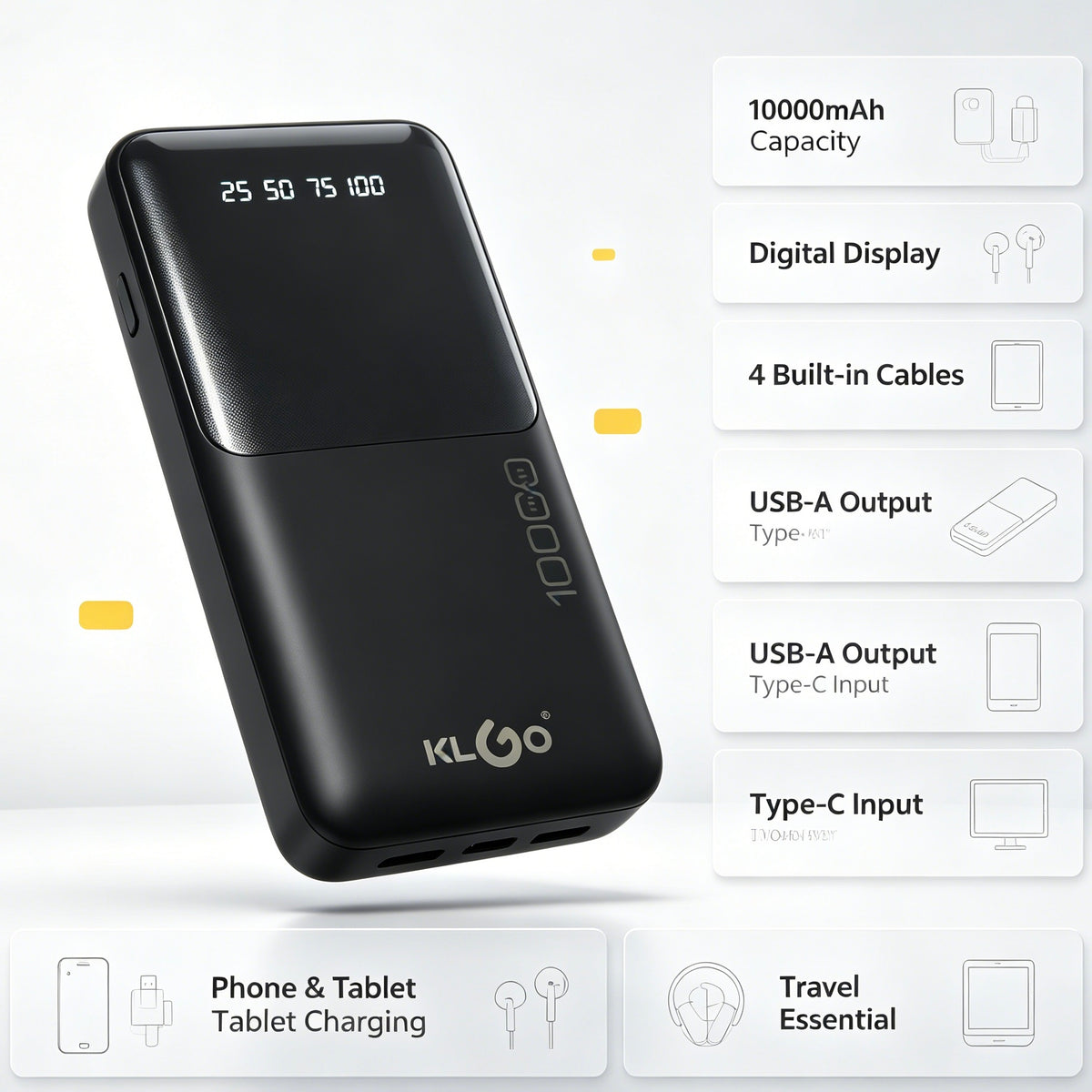 KLGO KP-37 10000mAh Power Bank, Built-in 4 Cables Digital Display Portable Charger for iPhone, Android, Tablets