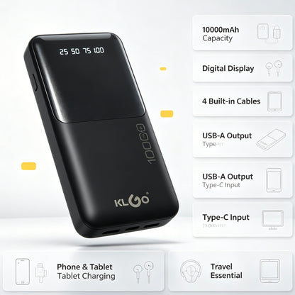 KLGO KP-37 10000mAh Power Bank, Built-in 4 Cables Digital Display Portable Charger for iPhone, Android, Tablets