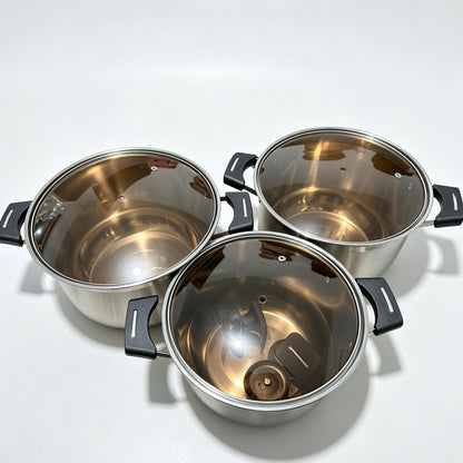 Composite Steel Ultra-High Stainless Steel Pot Set 3pcs, 24/26/28cm, Glass Lid Stock Pot Cookware Set