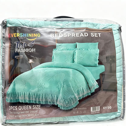 Thick Weight Elegant Lace Ruffle Quilted Bedspread Set, Queen Size 3PCS, Floral Embossed Pattern,  Random Color Delivery ，Not Thin Style XY‑5Q