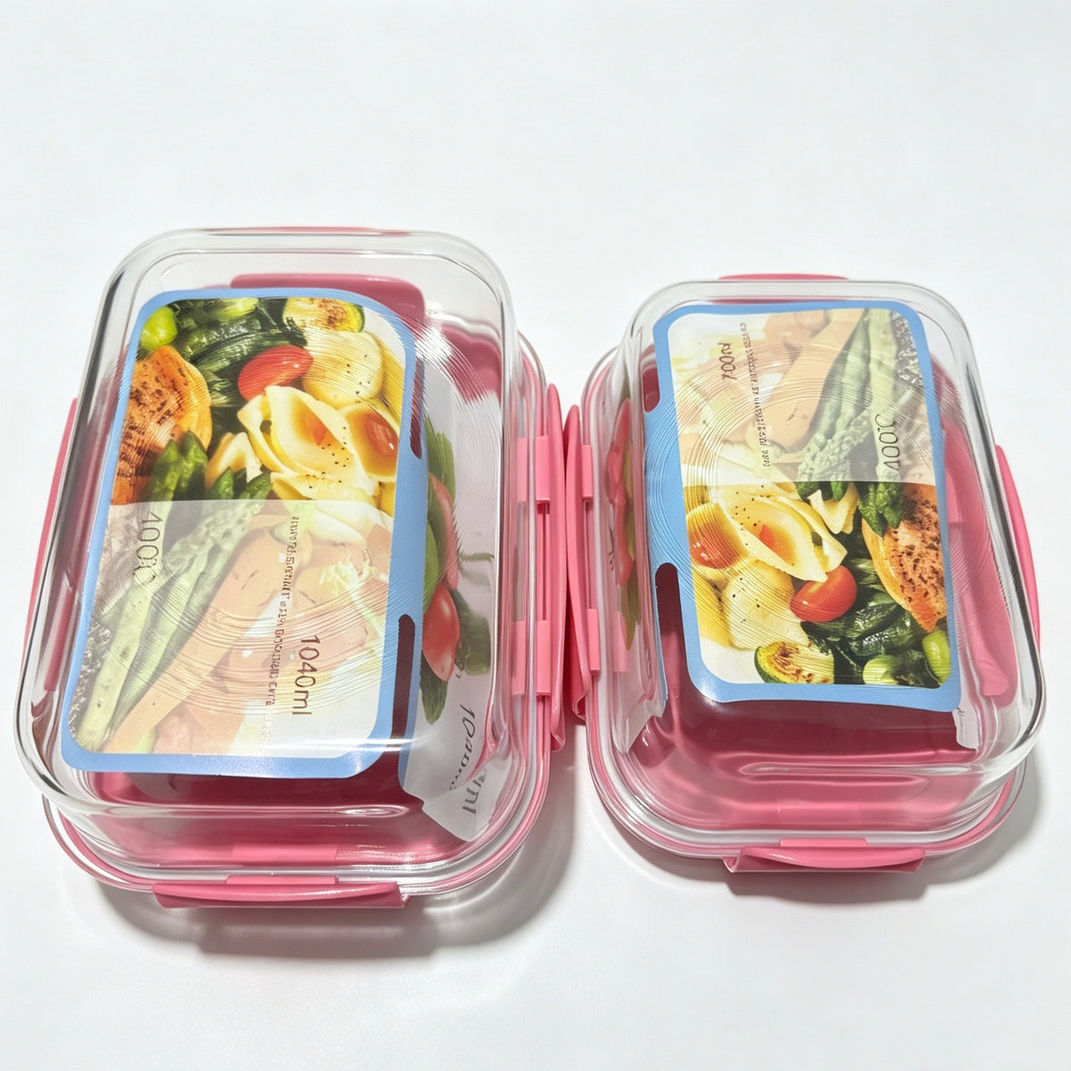 2 Pack Borosilicate Glass Food Storage Containers, Pink Airtight Lock Lids, 1040ml & 700ml Meal Prep Boxes