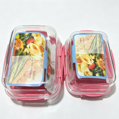 2 Pack Borosilicate Glass Food Storage Containers, Pink Airtight Lock Lids, 1040ml & 700ml Meal Prep Boxes