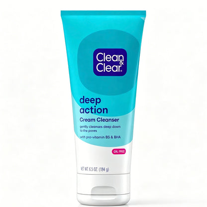 Clean & Clear Deep Action Cream Cleanser, Oil-Free Facial Wash with Pro-Vitamin B5 & BHA, 6.5 oz (184g)