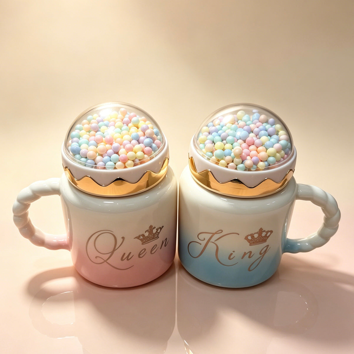 2Pcs King Queen Gradient Ceramic Couple Mugs, Luxury Crown Dome Lid, Romantic Gift for Anniversary Wedding