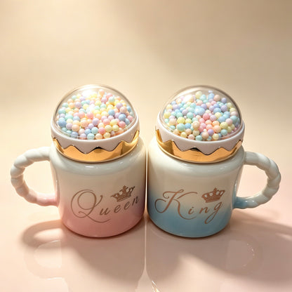 2Pcs King Queen Gradient Ceramic Couple Mugs, Luxury Crown Dome Lid, Romantic Gift for Anniversary Wedding