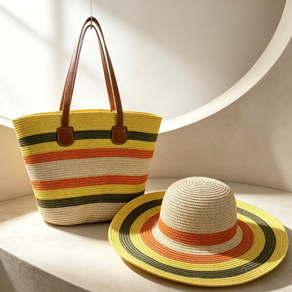 Women Striped Straw Tote Bag & Wide Brim Sun Hat 2Pcs Set, Versatile Beach & Daily Commute Woven Bag and Hat Set