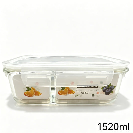 1520ml Borosilicate Glass Food Storage Container with Built-in Glass Divider, Rotatable Vent Valve, Airtight Lid, Microwave & Oven Safe Meal Prep Box