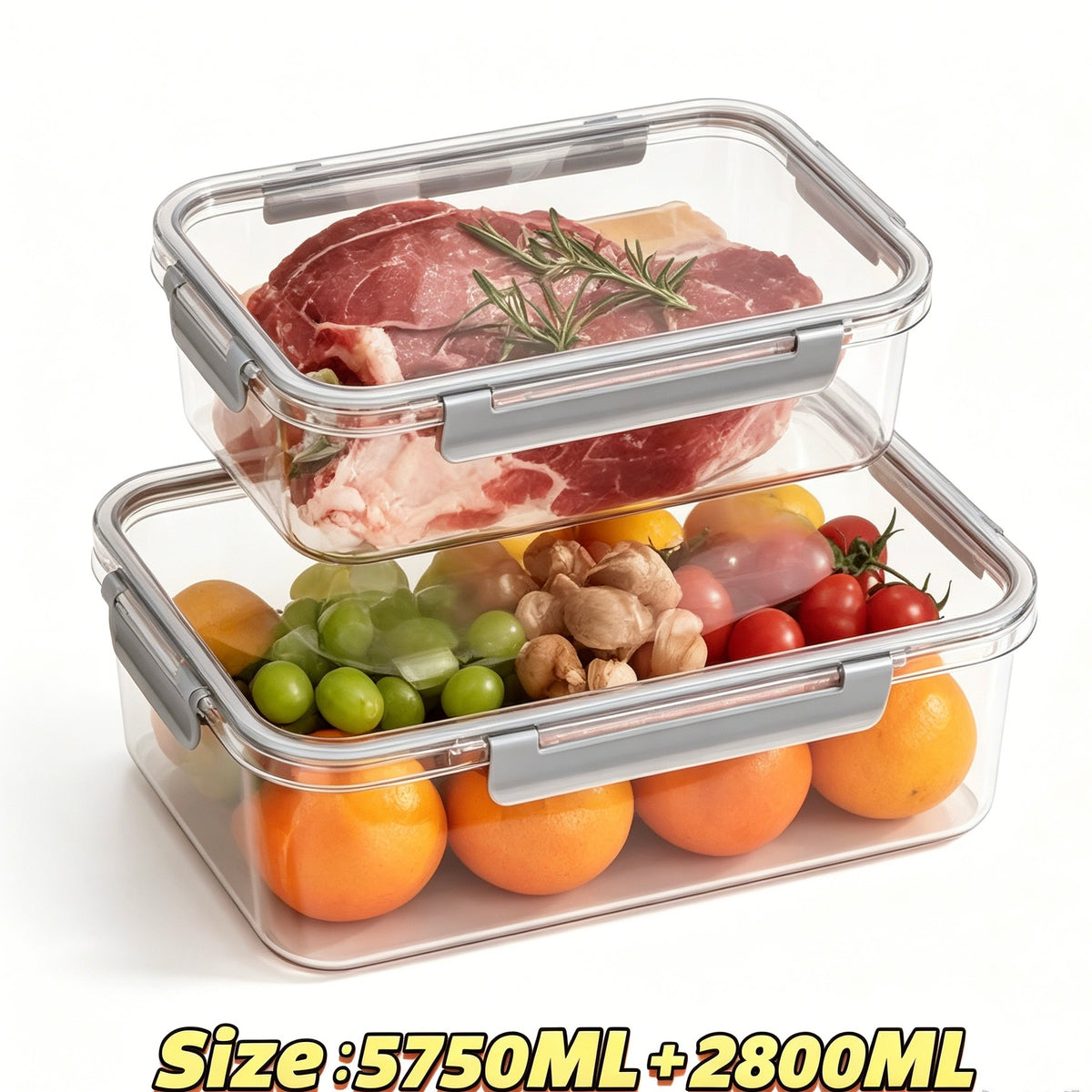 PET Airtight Food Storage Containers Set, 2 Sizes 2800ML & 5750ML Fridge Storage Boxes