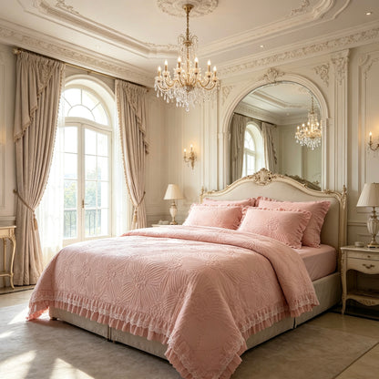 Thick Weight Elegant Lace Ruffle Quilted Bedspread Set, Queen Size 3PCS, Floral Embossed Pattern,  Random Color Delivery ，Not Thin Style XY‑5Q