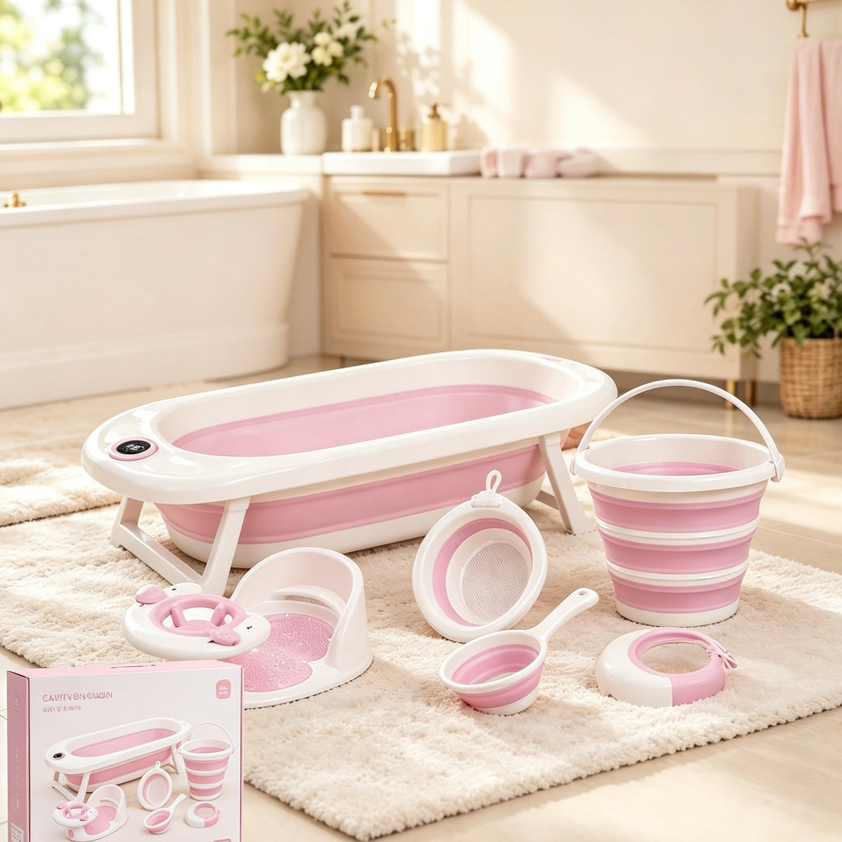 6 in 1 Foldable Baby Bathtub Set, Collapsible Baby Bath Tub With Real-Time Water Temperature Display, Portable Newborn Toddler Bath Accessories Kit