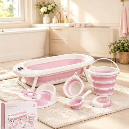 6 in 1 Foldable Baby Bathtub Set, Collapsible Baby Bath Tub With Real-Time Water Temperature Display, Portable Newborn Toddler Bath Accessories Kit