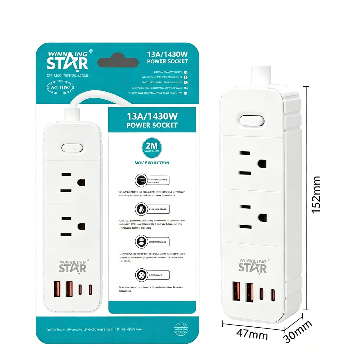 Winning Star Power Strip with USB Ports, 2M Cord 110V Surge Protection Extension Socket