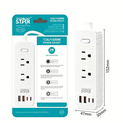 Winning Star Power Strip with USB Ports, 2M Cord 110V Surge Protection Extension Socket