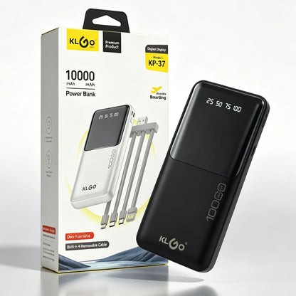 KLGO KP-37 10000mAh Power Bank, Built-in 4 Cables Digital Display Portable Charger for iPhone, Android, Tablets