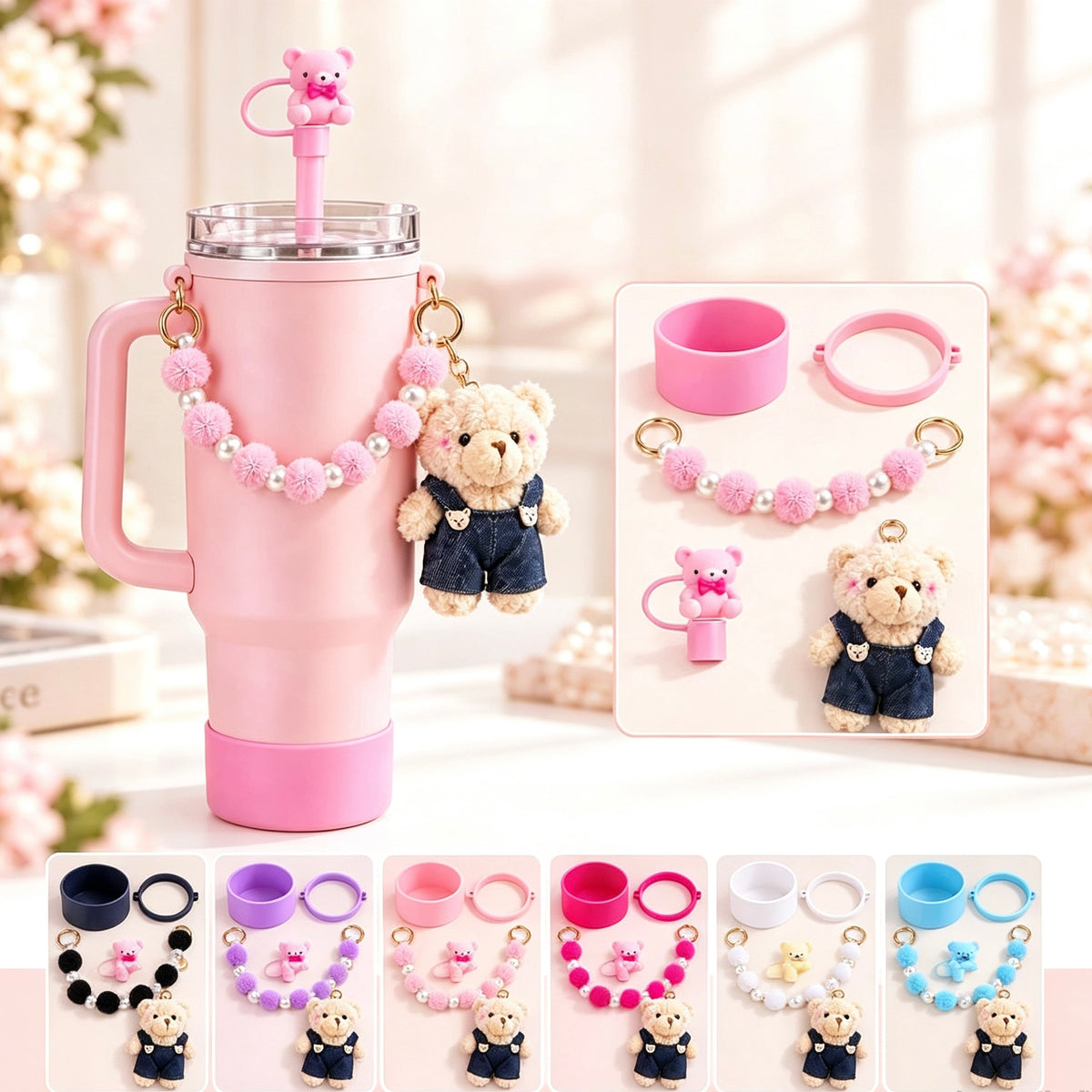 Stanley Tumbler Cup Accessories Set, Cute Teddy Bear Cup Chain & Straw Topper TCS‑5