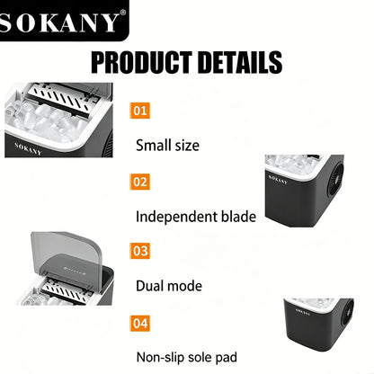 SOKANY Portable Countertop Ice Maker Machine, 9 Ice Cubes Ready in 6 Mins, 2 Ice Cube Sizes, 26Lbs Ice Daily, 112W for Home, Bar & Milk Tea Shop