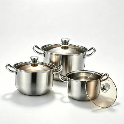 3 Pack European Style Stainless Steel Stock Pot Set with Glass Lids, 26cm(6.5L), 28cm(7.5L), 30cm(8.5L), Multipurpose Soup Cooking Pots for All Stovetops