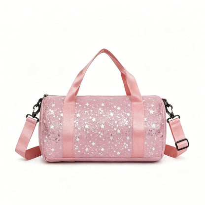 Glitter Star Print Barrel Duffle Bag, Sparkly Gym Sports Handbag with Detachable Adjustable Shoulder Strap