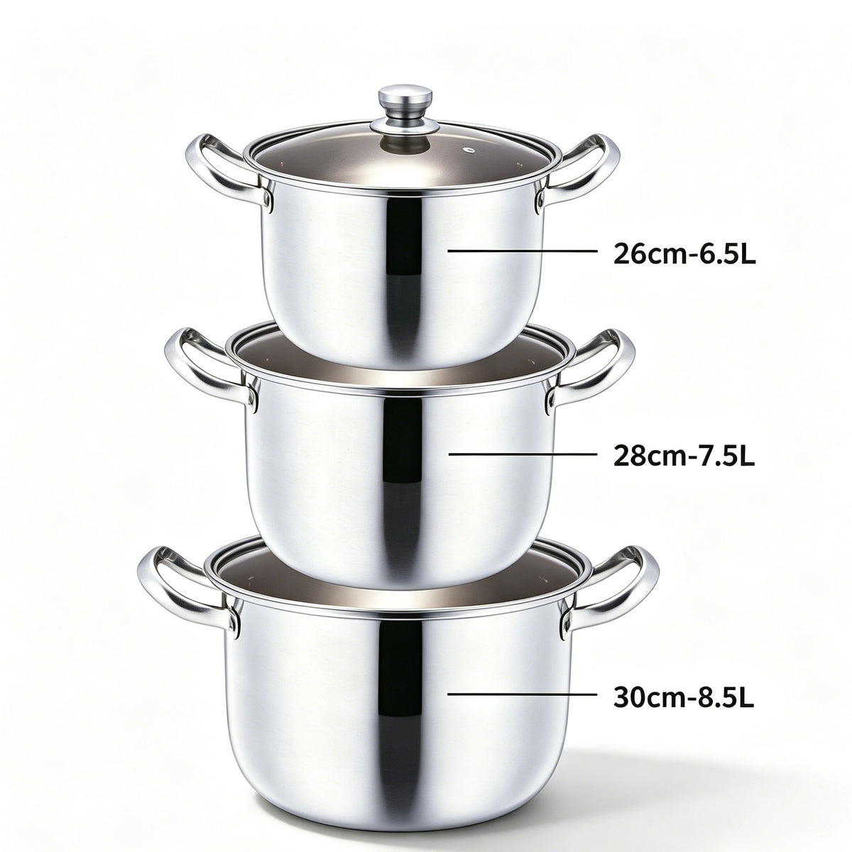 3 Pack European Style Stainless Steel Stock Pot Set with Glass Lids, 26cm(6.5L), 28cm(7.5L), 30cm(8.5L), Multipurpose Soup Cooking Pots for All Stovetops