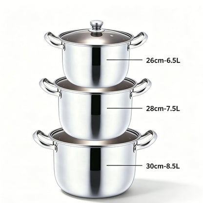 3 Pack European Style Stainless Steel Stock Pot Set with Glass Lids, 26cm(6.5L), 28cm(7.5L), 30cm(8.5L), Multipurpose Soup Cooking Pots for All Stovetops