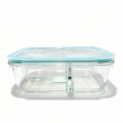 1520ml Borosilicate Glass Food Storage Container with Built-in Glass Divider, Rotatable Vent Valve, Airtight Lid, Microwave & Oven Safe Meal Prep Box