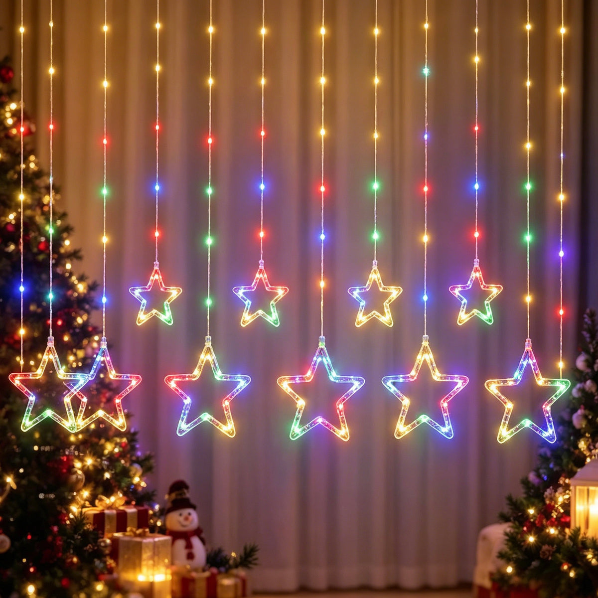 3M Multi-Color Star Curtain LED String Lights, Christmas Hanging Window Decor Lights